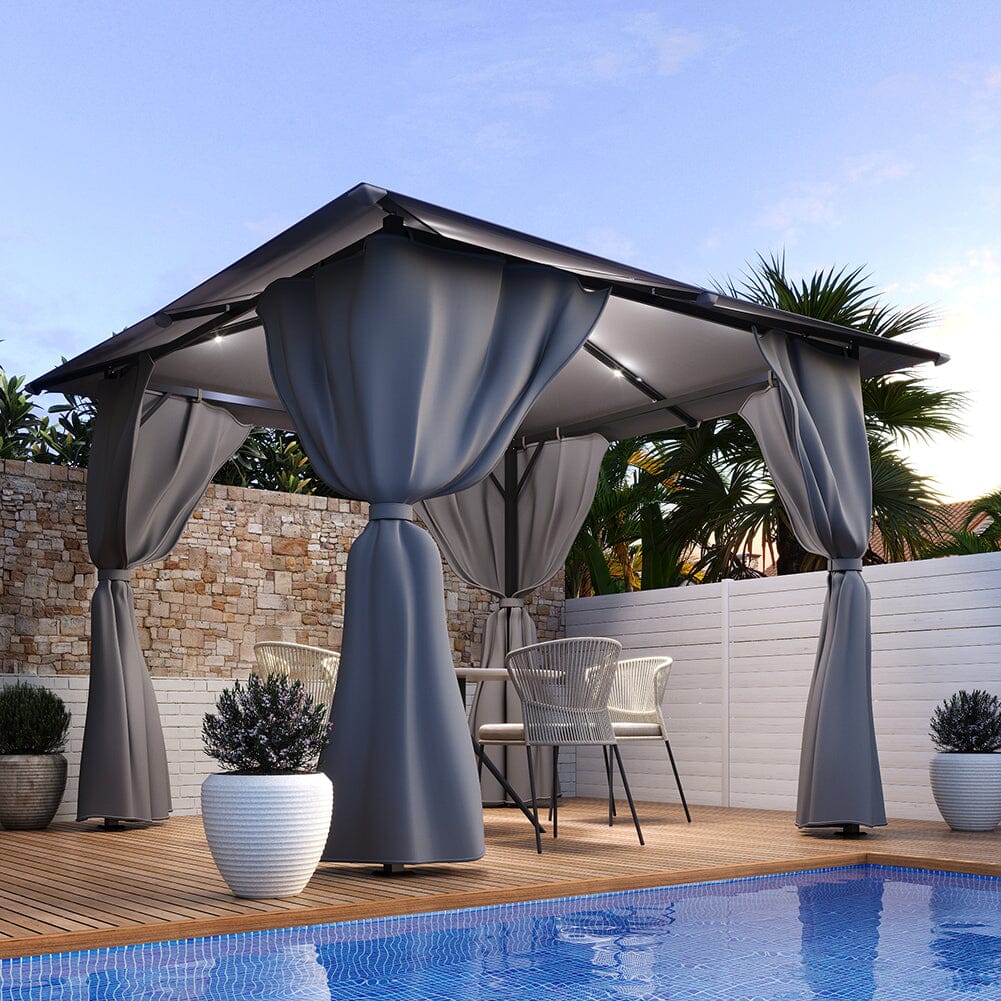 102x118 inch dark grey metal garden gazebo with lights - waterproof outdoor shelter with double roof and side panels